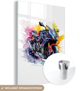 MuchoWow® Glasschilderij 90x120 cm - Schilderij glas - Motor - Bike - Kleuren - Graffiti - Foto op acrylglas - Schilderijen