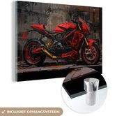 MuchoWow® Glasschilderij 120x80 cm - Schilderij glas - Motor - Bike - Rood - Zwart - Graffiti - Straat - Foto op acrylglas - Schilderijen