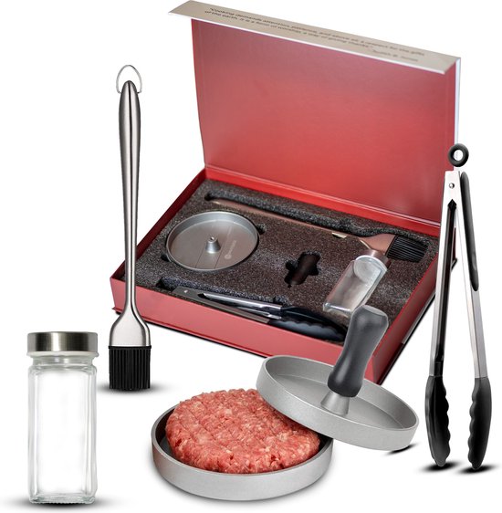 Rednas Hamburgerpers in giftbox - Moederdag Cadeautje - BBQ Accessoires - Hamburger Maker - 4-delig - Bakkwast/Vleestang/Kruidenpotje - RVS/Aluminium