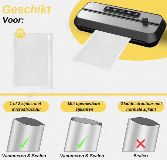 Vergelijking van vacuümzakken: gestructureerd, opvouwbaar en glad. Vacumeermachine in donkergrijs.