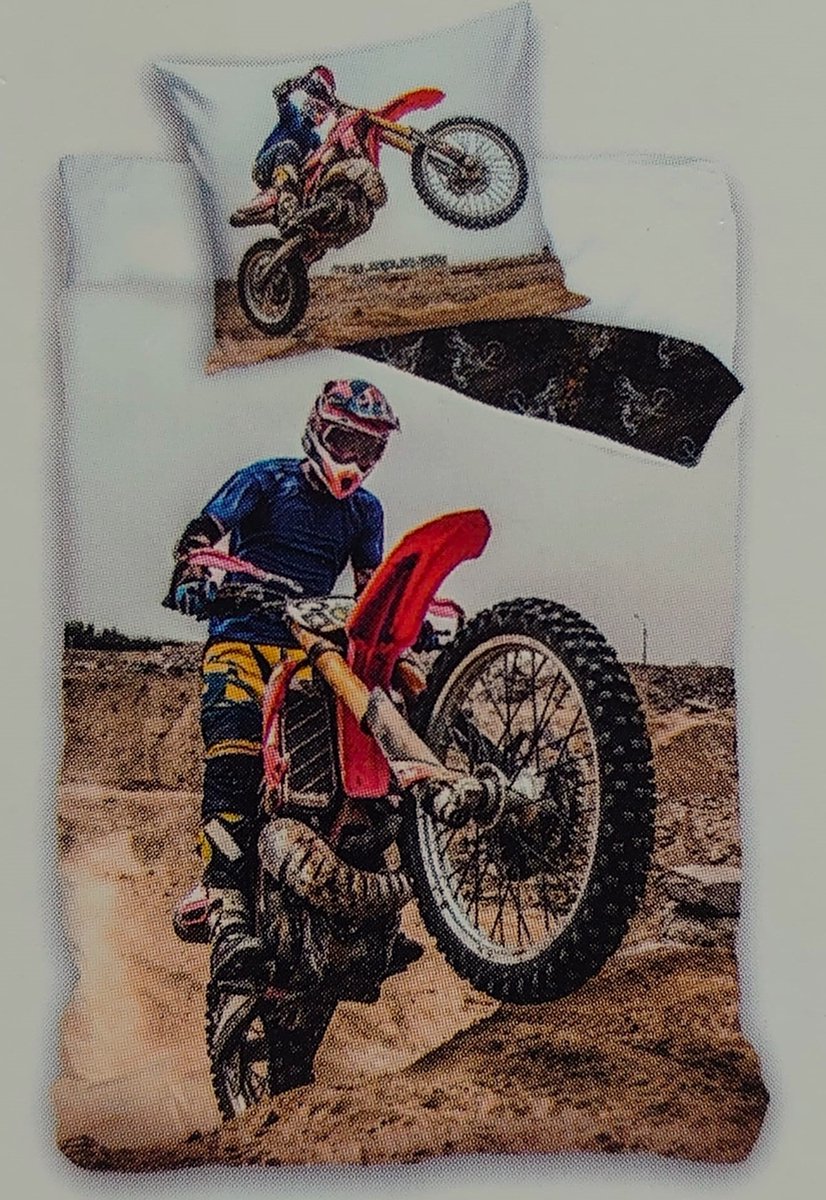 1-persoons dekbedovertrek (dekbed hoes) “motorcross” met stoere motorrijder op crossmotor door het mulle zand KATOEN eenpersoons 140 x 200 cm (stoer beddengoed cadeau voor jongens!)