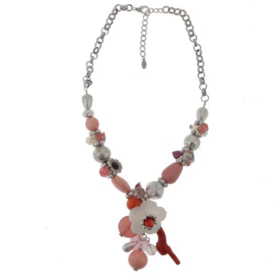 Collier Behave - grand collier - dames - couleur argent - rouge - fleurs - grosses perles - 60 cm