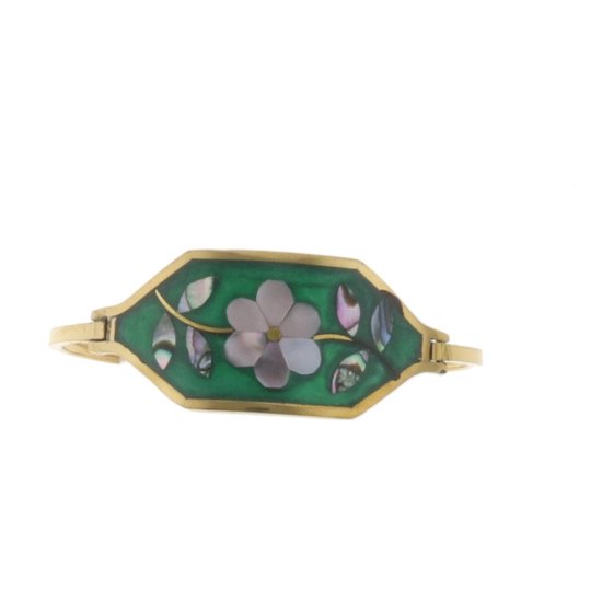 Bracelet Behave - vintage - couleur or - coquillage - fleur - vert - 17 cm