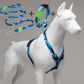 Lindo Dogs - Wandelset van 3 - Hondenriem - halsband hond - Hondenharnas / Hondentuigje - Set van 3 - Blue Dream - Groen/Blauw - S