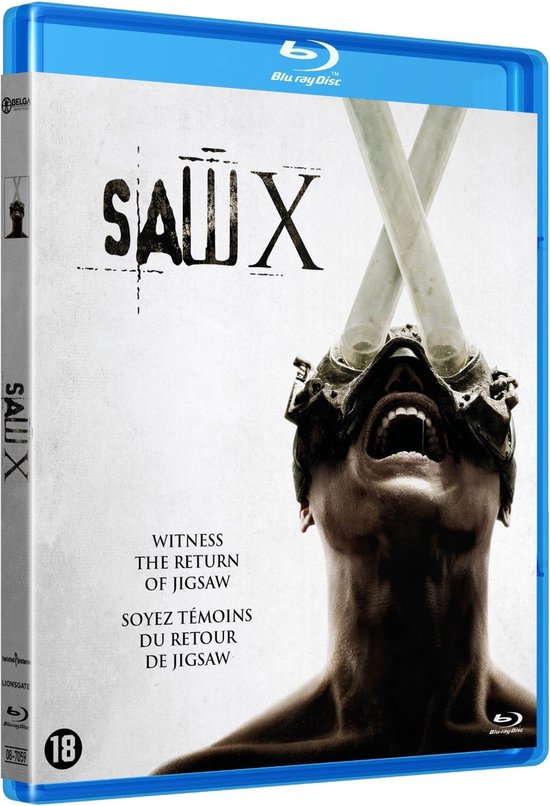 Blu-ray hoes Saw X, met een persoon met beugels op het hoofd en buizen in de mond.