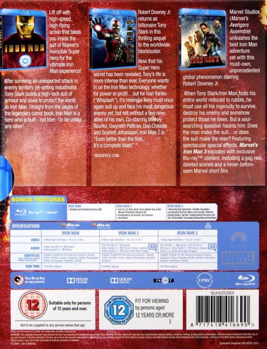 Achterkant van de Iron Man 1-3 Blu-ray collectie met informatie over de films, cast en bonusmateriaal.
