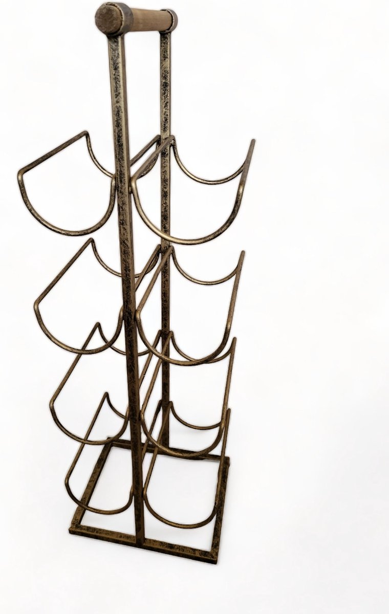 Wijnrek staand 8 flessen metaal goud met houten handvat. Afmetingen 19,5 x 19,5 x 60 cm