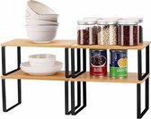 Bamboe Keuken Organizer 4-Pack met Kruidenrek - Uitbreidbaar en Stapelbaar Opbergrek, Geschikt voor Kasten, Keuken, Badkamer, Lounge - Zwart