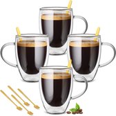 Dubbelwandige koffiekopjes, cappuccinokopjes, glazen kopjes met handvat, espressokopjes, latte macchiato brillen, hitte- en koudebestendigheid, voor cappuccino, latte, thee, melk, bier (4 x 350 ml)