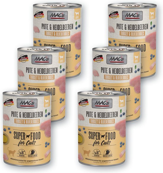 MAC's Kattenvoer Natvoer Blik - 70% Kalkoen & Bosbessen - 6 x 400g