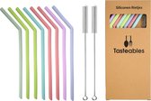 Siliconen rietjes gebogen - Cocktail Rietjes - Tasteables - Set van 8 - Duurzaam - Herbruikbaar - Reinigingsborstel - Natuurlijk materiaal - 200mm lengte - Gemixte kleuren
