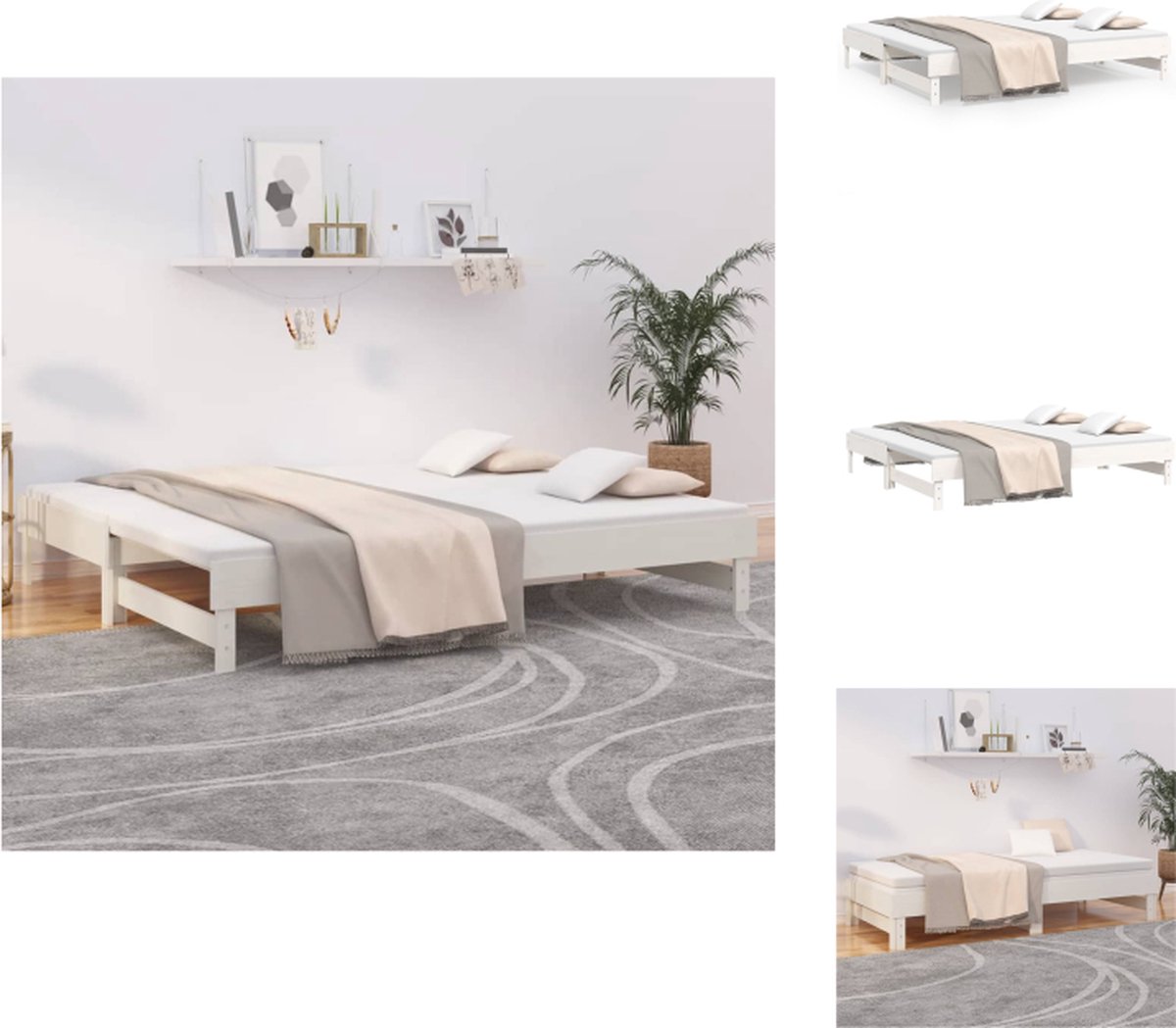 VidaXL Slaapbank Grenenhout Uitschuifbaar Gelat Ontwerp Eenvoudig gebruik Wit 202.5 x 199 cm Geschikt voor 100 x 200 cm matras Bed