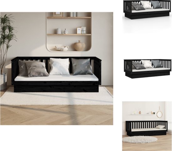 vidaXL Logeerbed Massief Grenenhout - Houten Slaapbank - 207.5 x 87 x 76 cm - 3-zijdig bedhek - Zwart - Bed