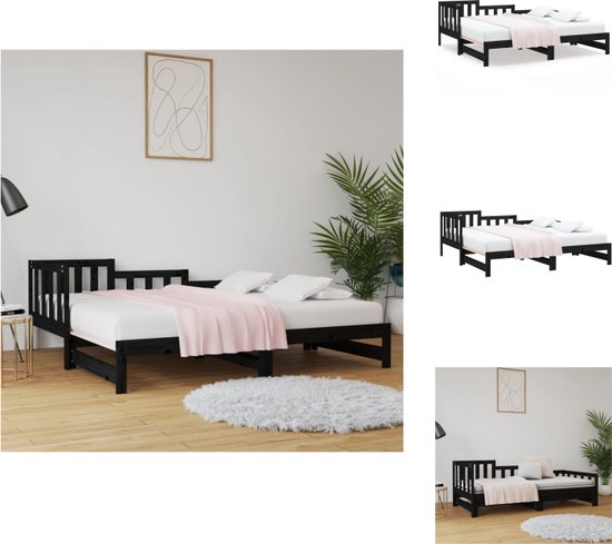 vidaXL Slaapbank Grenenhout - Uitschuifbaar - Zwart - 203.5 x 160 x 68.5 cm - Geschikt voor 80 x 200 cm matrassen - 2 stuks vereist - Bed