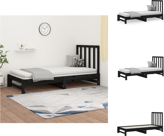 vidaXL Slaapbank Grenenhout - Uitschuifbaar - Zwart - 195.5 x 182 x 30 cm - Inclusief hoofdbord en montagehandleiding - Geschikt voor 2 matrassen (90 x 190 cm) - Bed