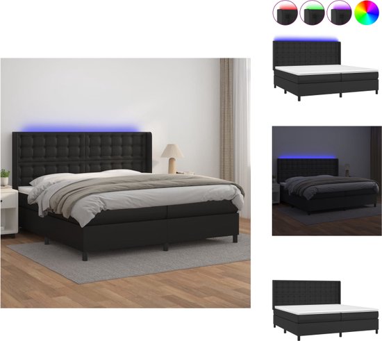 vidaXL Bed Led Zwart Kunstleer 203x203 - Luxe en Duurzaam - Verstelbaar Hoofdbord - Pocketvering Matras - Huidvriendelijk Topmatras - Incl - LED-strips - Bed