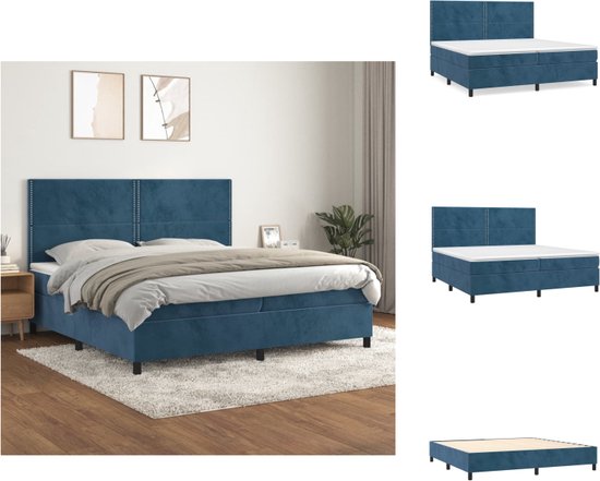 vidaXL Boxspringbed - Donkerblauw - 203 x 200 x 118/128 cm - Fluwelen stof - Verstelbaar hoofdbord - Pocketvering matras - Middelharde ondersteuning - Huidvriendelijk topmatras - Bed