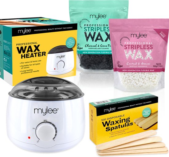 Foto: Mylee professionele waxset met waxverwarmer kokosnoot arnica houtskool en groene thee harde wasbellen 2x500g spatulas stripless depilerende wax pellets vaste filmbonen geen strip nodig gemaakt in het vk gemaakt in het verenigd koninkrijk