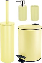Spirella Ensemble d'accessoires de salle de bain - brosse WC/poubelle à pédale/distributeur de savon/tasse - métal/céramique - jaune - Look Luxe