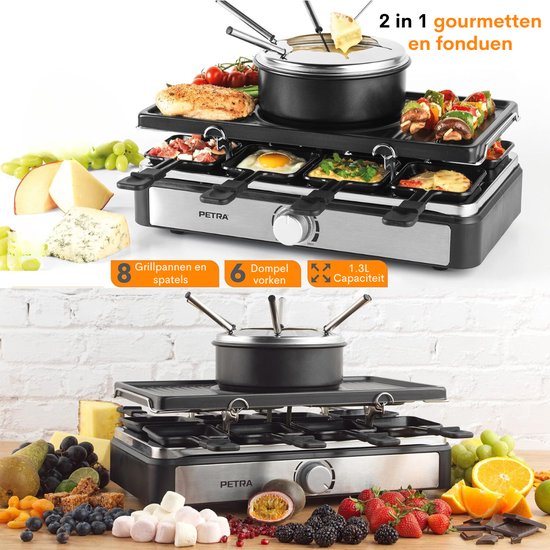 Gourmet met Fondue - 2-in-1 elektrische raclettegrill en fondueset, 1.3L Dompelpot, kookgrill Gourmet met Fondue - 2-in-1 elektrische raclettegrill en fondueset, 1.3L Dompelpot, kookgrill