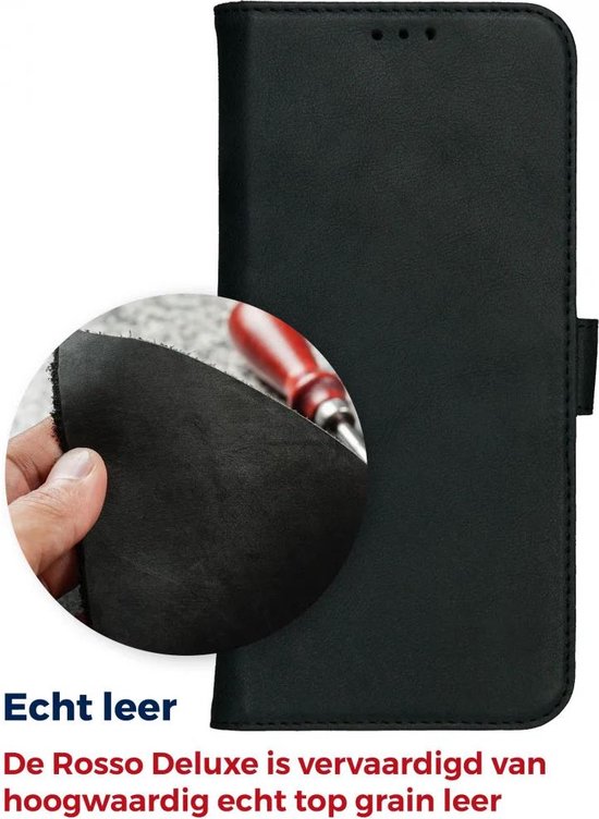Rosso Deluxe Étui en Cuir véritable pour Apple iPhone 15 Pro | Espace pour trois cartes | Étui portefeuille | Avec porte-cartes | Noir