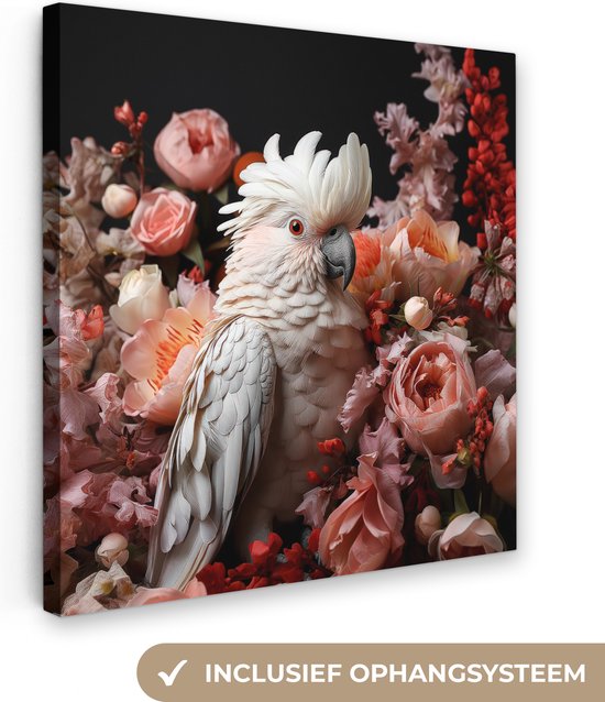 Canvas schilderij 20x20 cm - Kaketoe vogel - Kamer decoratie accessoires - Schilderijen woonkamer bloemen - Wanddecoratie vogels slaapkamer - Muurdecoratie keuken - Wanddoek interieur binnen - Woondecoratie huis