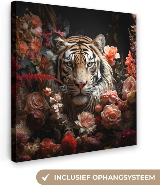 Canvas schilderij 50x50 cm - Tijger bloemen - Kamer decoratie accessoires roze - Schilderijen dieren woonkamer - Wanddecoratie slaapkamer - Muurdecoratie keuken - Wanddoek interieur binnen - Woondecoratie huis