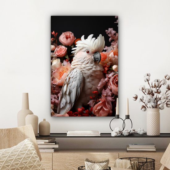 Peinture sur toile 40x60 cm - Oiseau Cacatoès - Accessoires de décoration de chambre - Peintures fleurs de salon - Décoration murale oiseaux chambre - Décoration murale cuisine - Tissu mural intérieur - Décoration maison