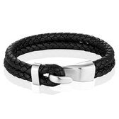 Mendes Jewelry Roestvrijstalen en Echt Lederen Heren Armband in Zwart en Zilver-21cm