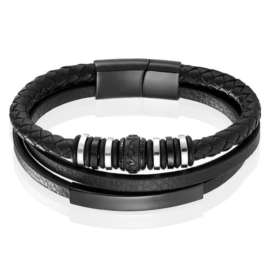 Bracelet pour homme Mendes Jewelry - Cuir Zwart avec Breloques argentées et fermoir noir - 19 cm
