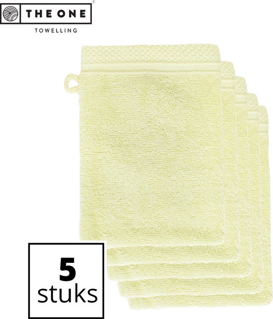 Voordeelpak van 5 lichtgele washandjes met logo en tekst '5 stuks'.