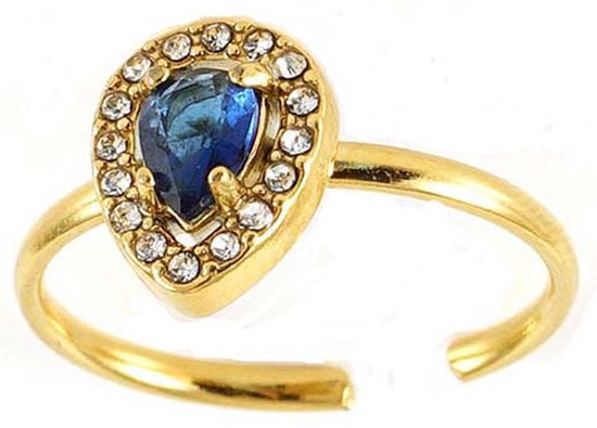 Ring - Druppel met Zirkonia - RVS - One Size - Goudkleurig en Blauw