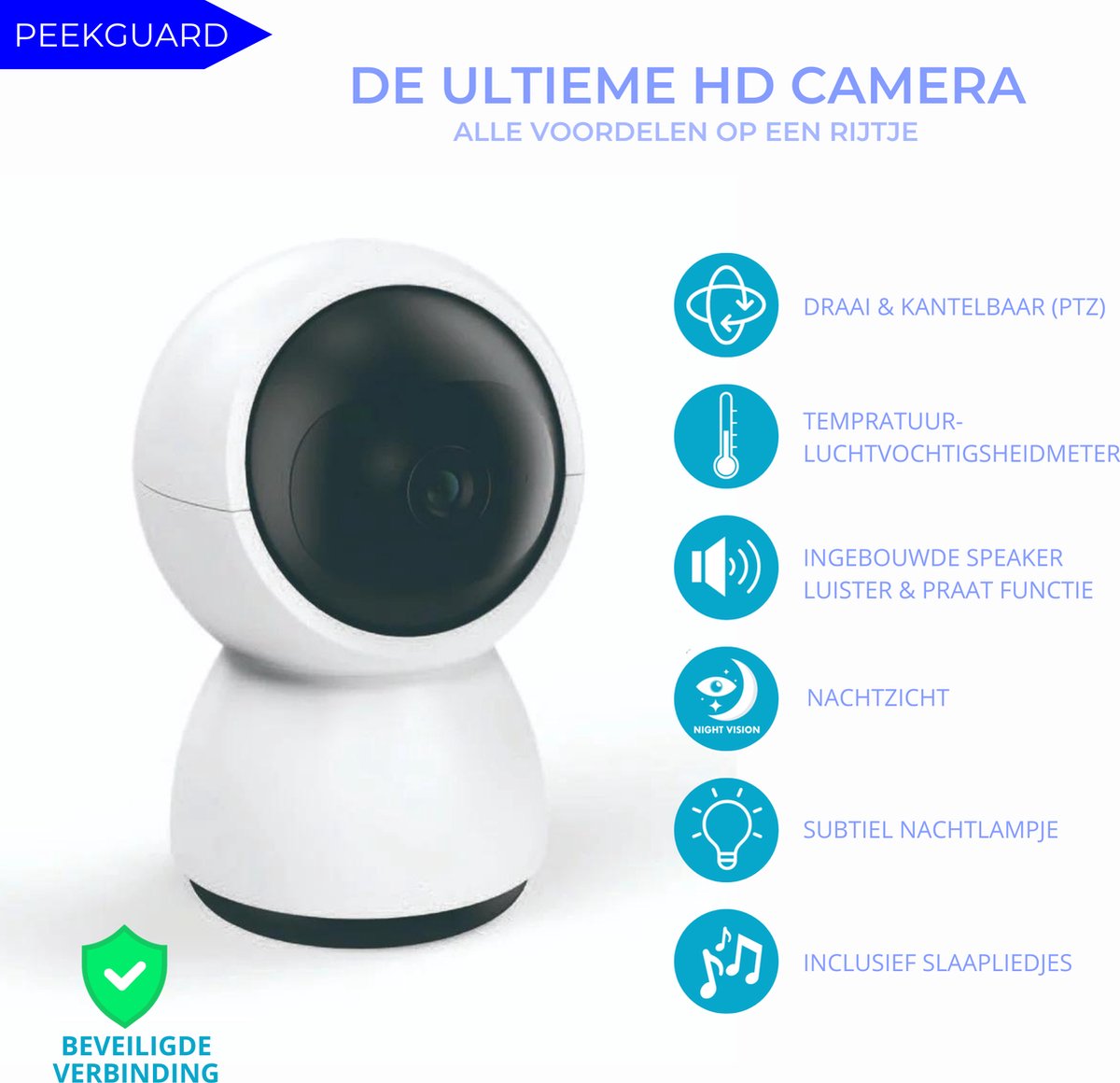 Afbeelding 2 van PEEKGUARD© - Babyfoon met Full HD Camera - Baby Monitor Incl. App - WiFi Babyfoons - Incl.Geluidsdetectie - Babyphone Temperatuur en Luchtvochtigheid sensor - Voedings Alarm - Lange Batterijduur - Extra Groot Scherm