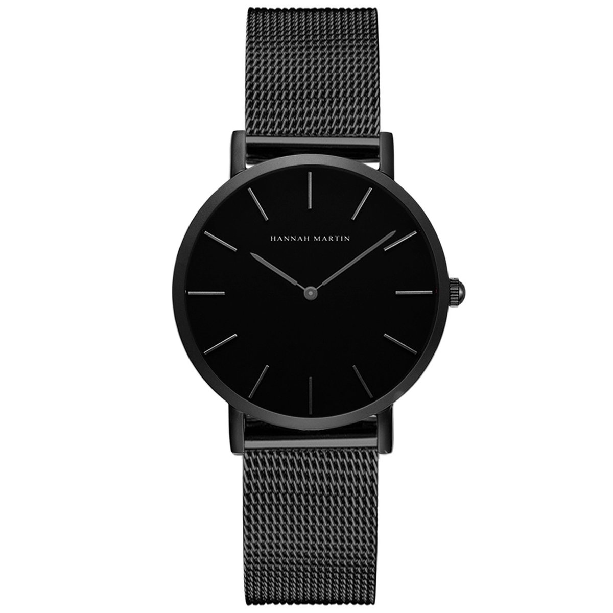 HANNAH MARTIN horloge met zwarte stalen polsband, zwarte wijzerplaat, zwarte horlogekast en zilveren wijzers voor dames en heren met stijl ( model CH36 WYH)
