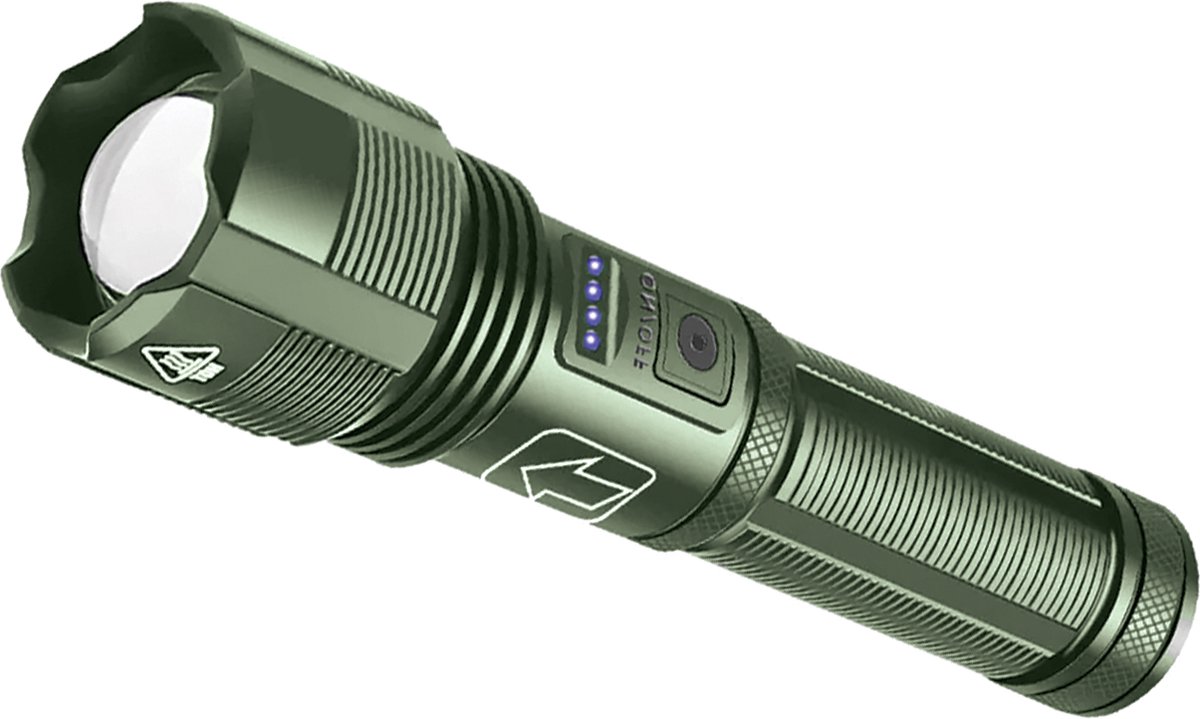 Felle LED Zaklamp - Legergroen - 5 standen flashlight - USB-C Oplaadbaar - Inclusief oplaadbare batterij - AAA batterij backup - Voor volwassenen & kinderen - vakantie tip voor reizen & kamperen - Attalos