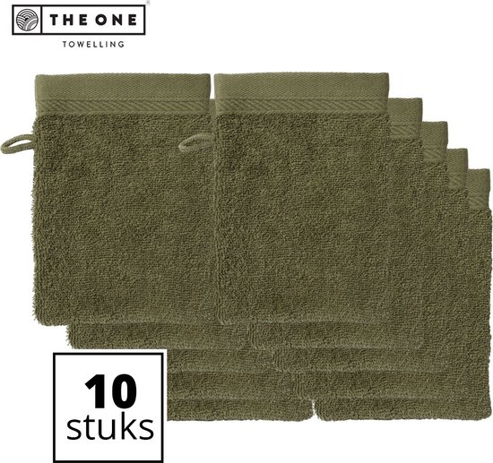 The One Towelling Washandjes - 16 x 21 cm - 10 Stuks - Voordeelverpakking - 100% organisch katoen - Met ophanglus - 550 gr/m2 - Olijfgroen