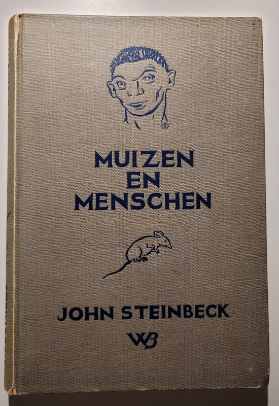 Livre 'Des souris et des hommes' de John Steinbeck avec un dessin bleu d'un visage et d'une souris sur une couverture grise.