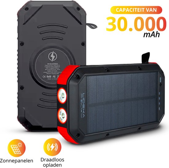Lideka solar powerbank – 30.000 mAh – draadloos opladen – zonne-energie