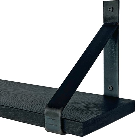 GoudmetHout - Massief eiken wandplank - 180 x 20 cm - Zwart Eiken - Inclusief industriële plankdragers Geen Coating - lange boekenplank