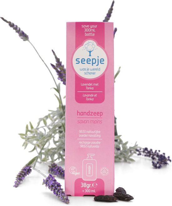 Seepje handzeep navulling, roze verpakking met witte tekst, "Lavendel met Tonka", naast lavendeltakjes