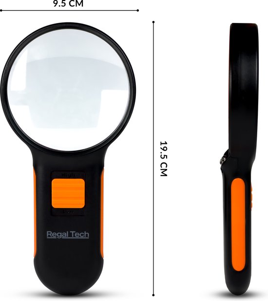 Zwart vergrootglas met oranje accenten, 9.5 cm breed en 19.5 cm lang, met lichtschakelaar.