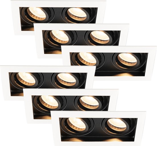 HOFTRONIC - Set van 6 Durham Dubbel LED Inbouwspots vierkant Wit - GU10 - 10 Watt 800 Lumen - 2700K Warm wit licht - Kantelbaar en Dimbaar - Diameter 100x185mm - Plafondspots 2 lichts
