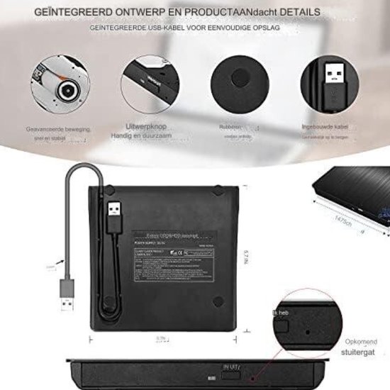 Externe DVD Speler - Externe DVD Speler voor Laptop - Externe DVD Speler en Brander - Type C USB 3.0-Verlengkabel — afbeelding 4