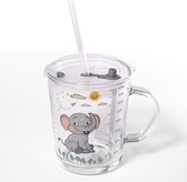 Intirilife Gobelet translucide pour enfants avec couvercle, bol et paille au motif Éléphant - 400 ml - Verre à boire avec anse, avec un joli motif, boire en toute sécurité sans renverser