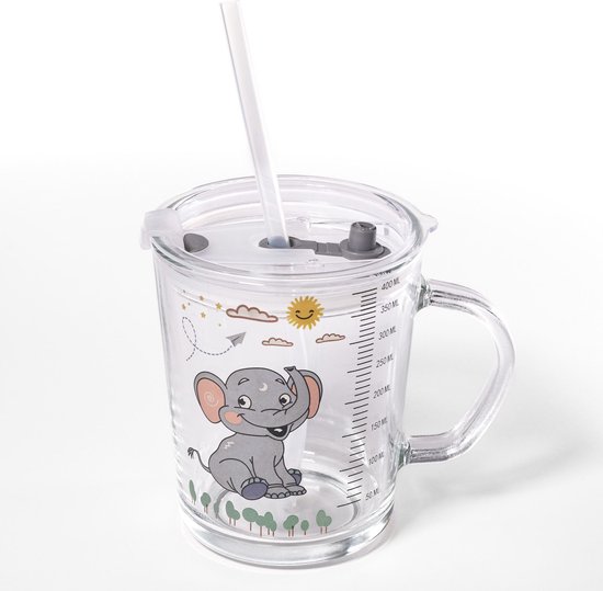 Intirilife Doorschijnende kinderbeker met deksel, schaal en rietje met Olifant ontwerp - 400 ml - Drinkglas met handvat, met schattig motief, veilig drinken zonder morsen