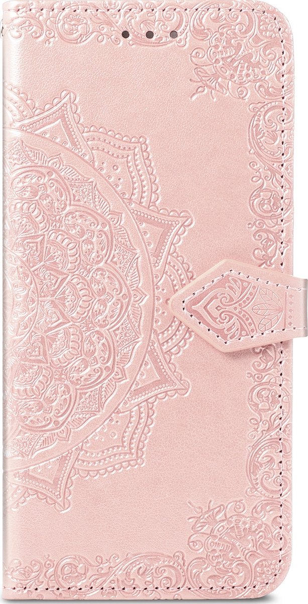 Mobigear Telefoonhoesje geschikt voor Samsung Galaxy S21 FE Hoesje | Mobigear Mandala Bookcase Portemonnee | Pasjeshouder voor 3 Pasjes | Telefoonhoesje voor Pinpas / OV Kaart / Rijbewijs - Roségoud