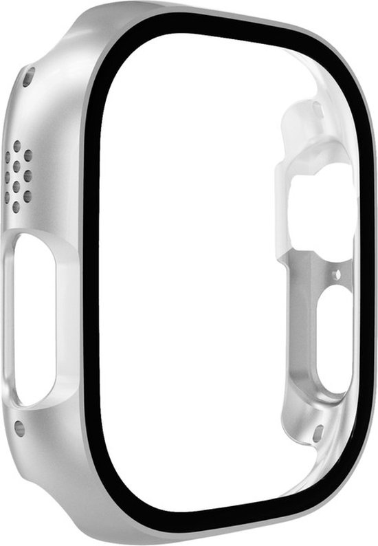 Zilverkleurige smartwatch beschermhoes met zwarte rand, geschikt voor Apple Watch Ultra/Ultra 2 (49mm).
