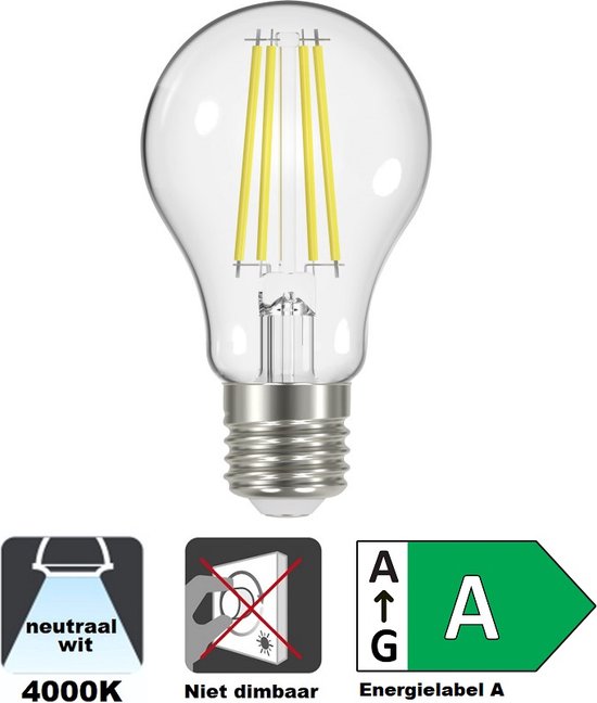 Integral LED - E27 LED filament lamp - 3,8 watt - 4000K - 806 lumen - Clear cover - Niet dimbaar - Energielabel A