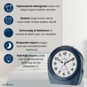 Donkerblauwe wekker naast een bed. Iconen en tekst over alarm, snooze en stille wijzers.