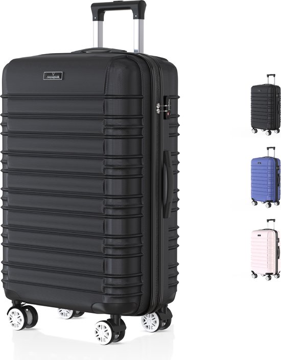 Zwarte koffer met een TSA-slot en witte wielen, naast een selectie van koffers in zwart, blauw en roze.